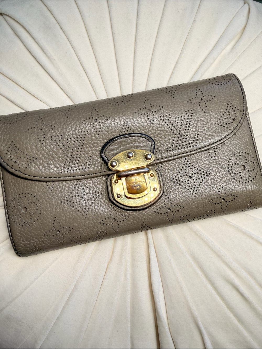 Louis Vuitton Taupe Perforated Monogram Leather Clutch with Gold Lock